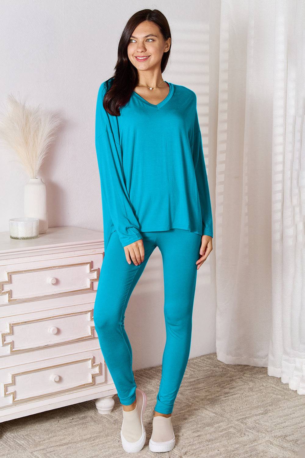 Basic Bae Full Size V-Neck Soft Rayon Long Sleeve Top and Pants Lounge Set - Carri's Cache