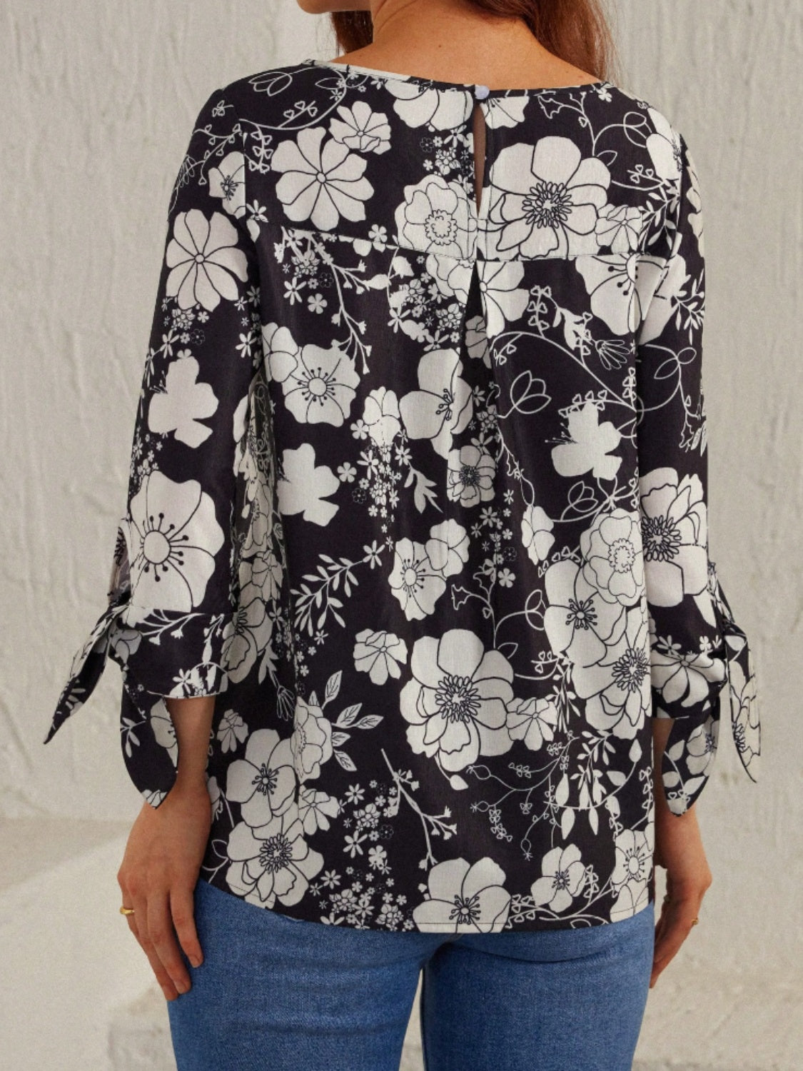 Printed Round Neck Three-Quarter Sleeve Blouse - Carri's Cache