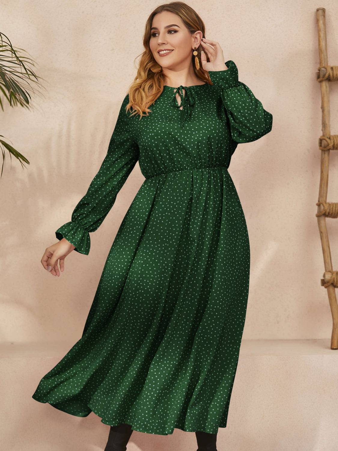 Honey Plus Size Ruffled Polka Dot Long Sleeve Midi Dress - Carri's Cache