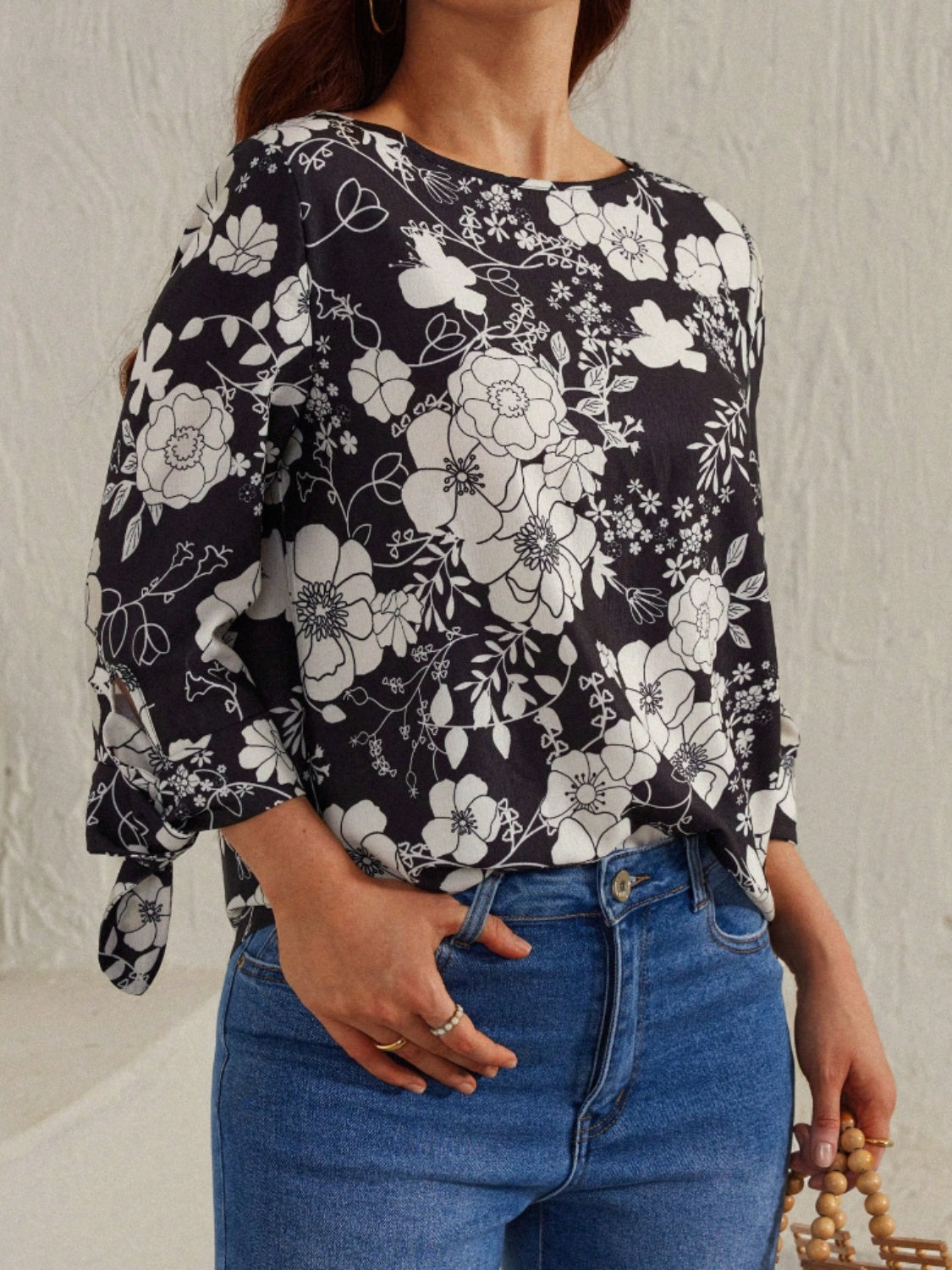 Printed Round Neck Three-Quarter Sleeve Blouse - Carri's Cache