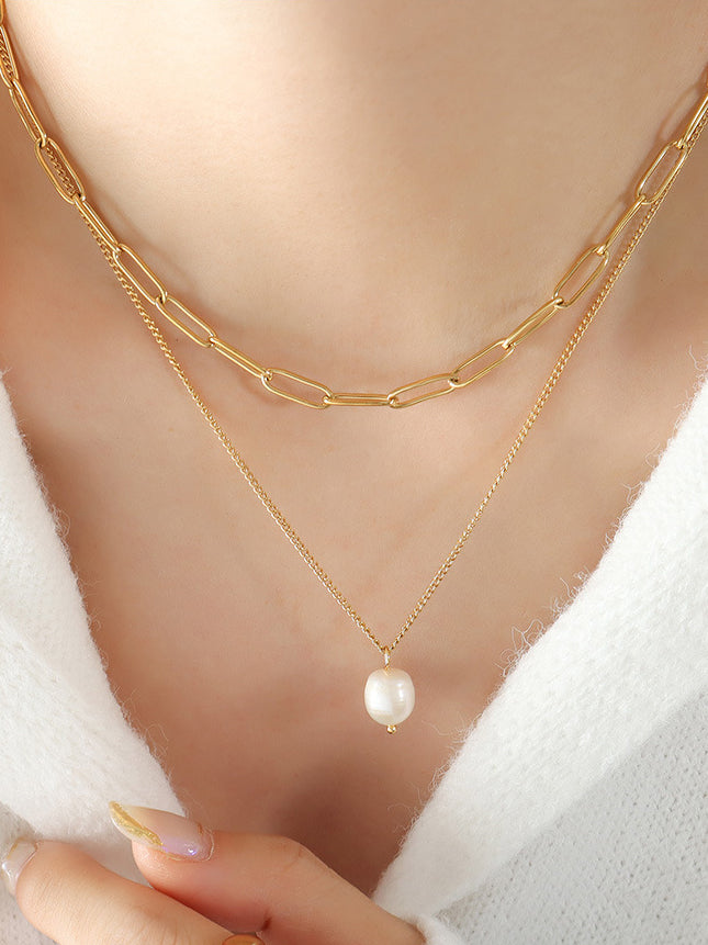 Freshwater Pearl Titanium Steel Double-Layered Necklace - Carri's Cache