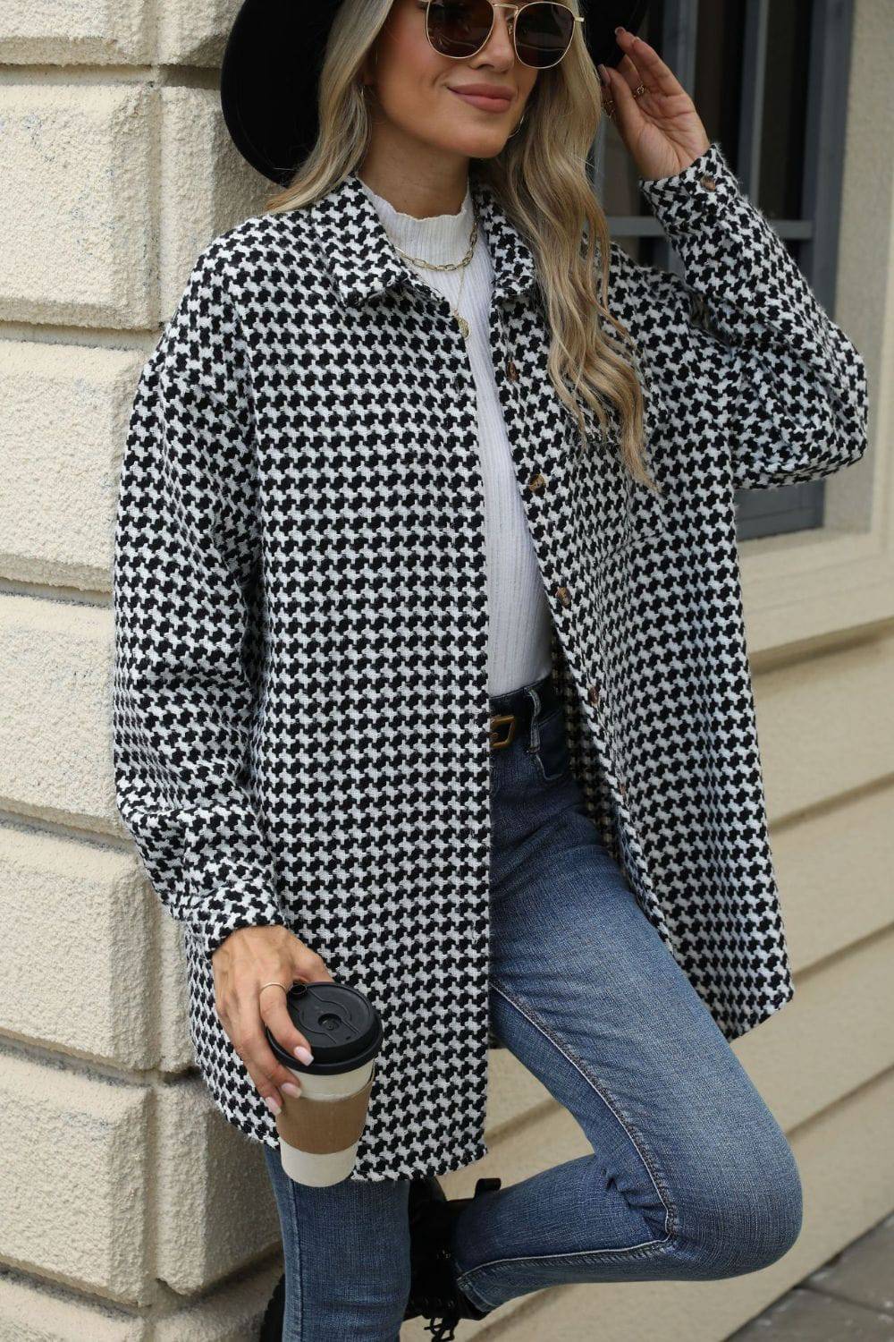 Houndstooth Button Up Dropped Shoulder Coat - Carri's Cache