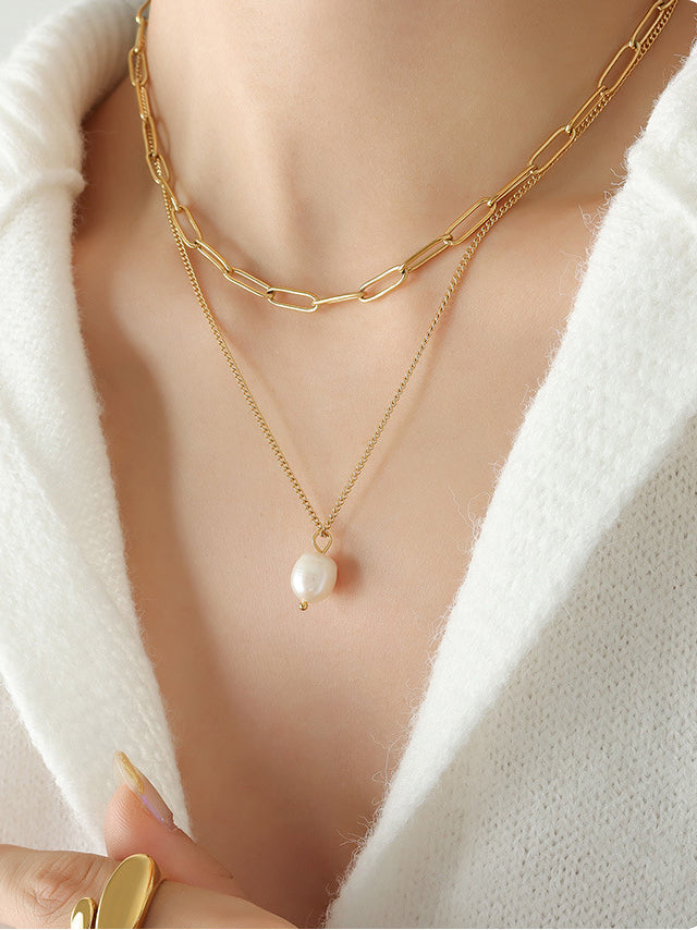 Freshwater Pearl Titanium Steel Double-Layered Necklace - Carri's Cache