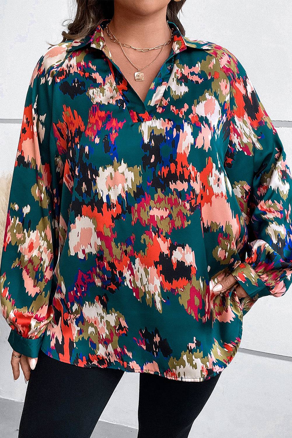 Plus Size Printed Johnny Collar Long Sleeve Blouse - Carri's Cache