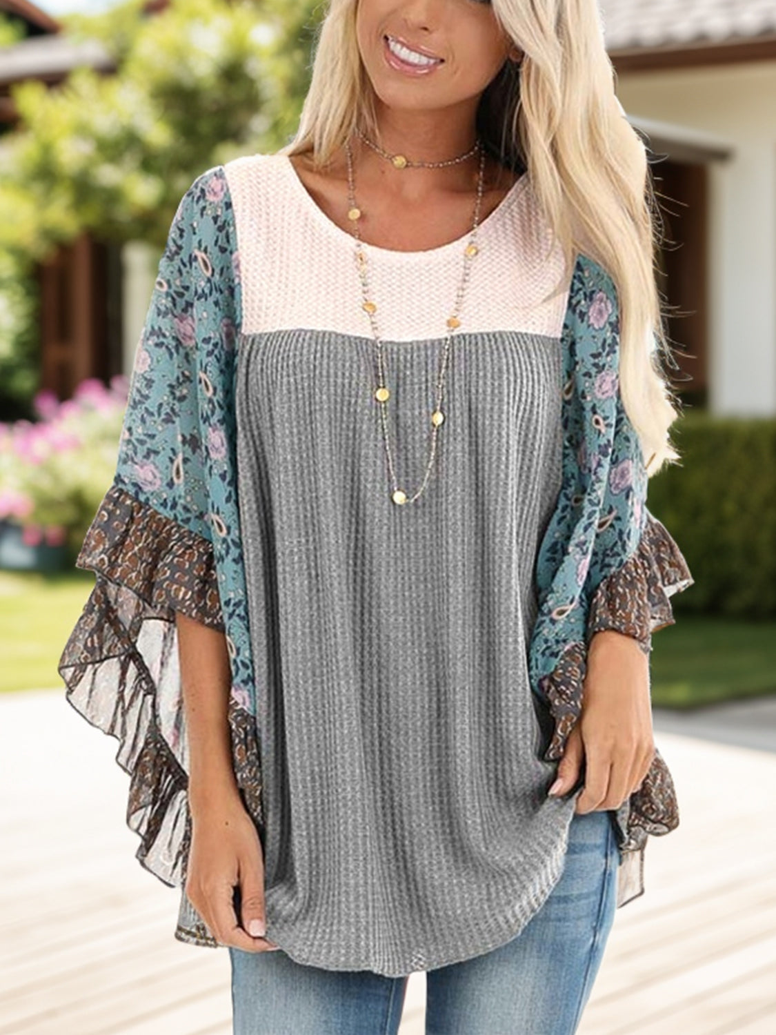 Full Size Printed Round Neck Three-Quarter Sleeve Blouse - Carri's Cache
