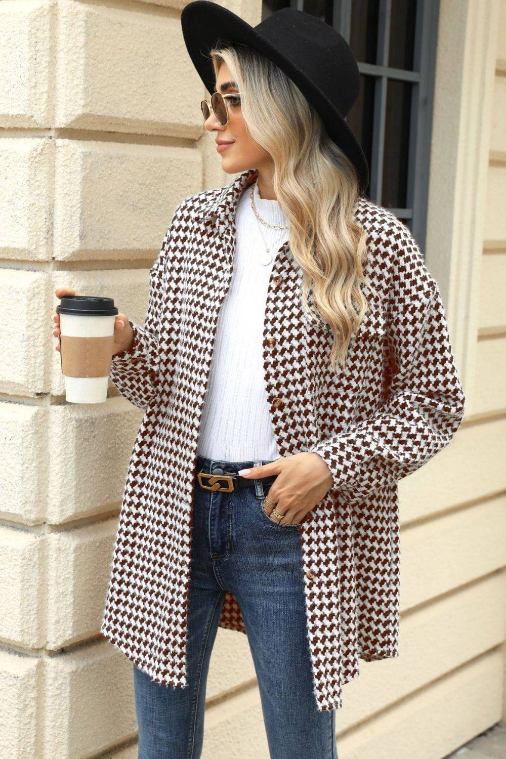 Houndstooth Button Up Dropped Shoulder Coat - Carri's Cache