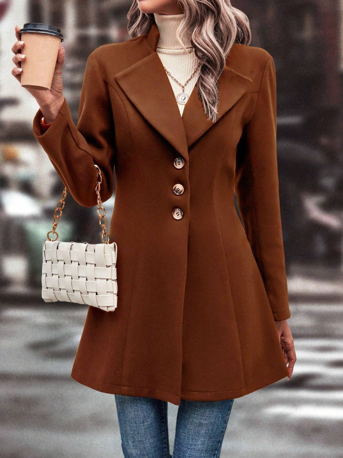 Collared Neck Long Sleeve Longline Coat - Carri's Cache