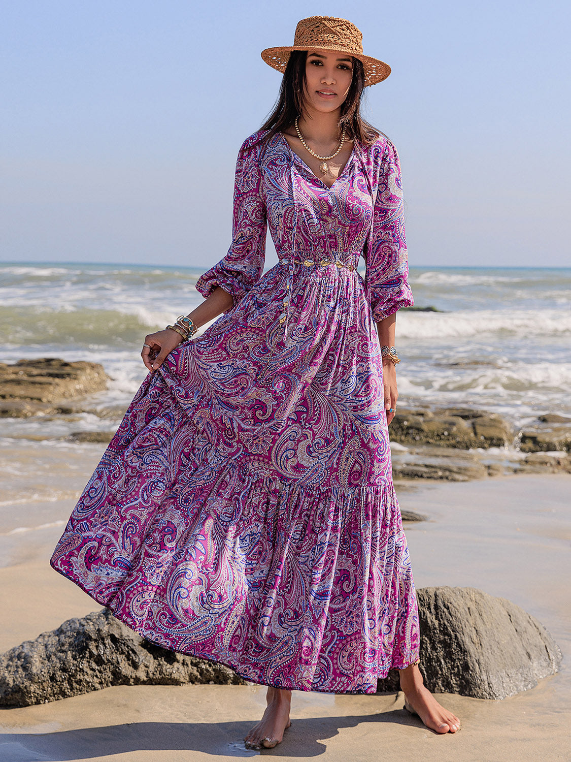 Printed Tie Neck Balloon Sleeve Maxi Dress - Carri's Cache