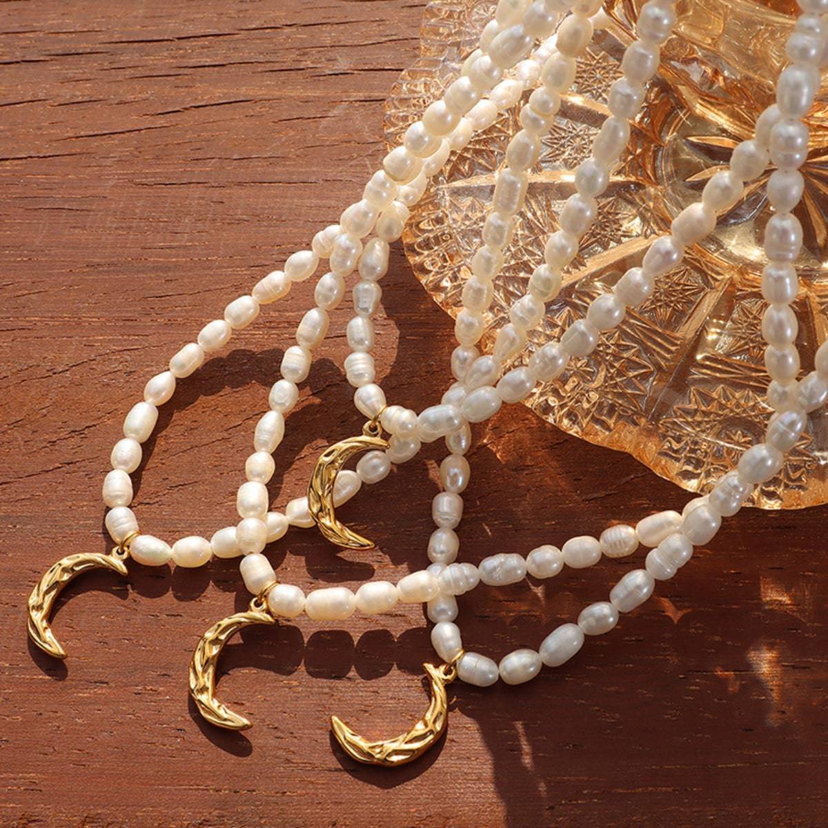 Pearl Titanium Steel Moon Shape Pendant Necklace - Carri's Cache