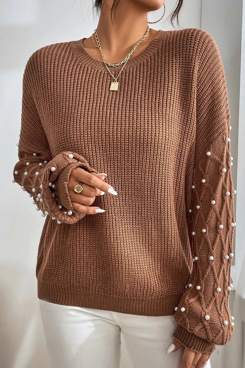 Pearl Detail Round Neck Long Sleeve Sweater - Carri's Cache