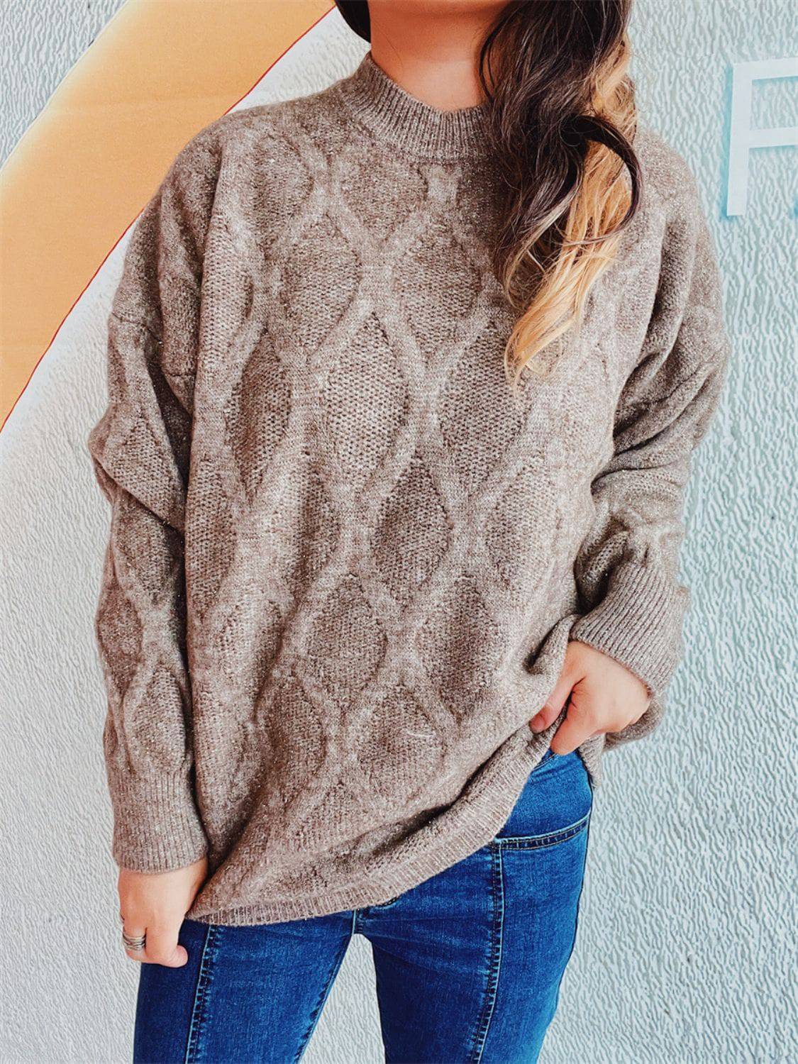 Diamond Round Neck Long Sleeve Sweater - Carri's Cache
