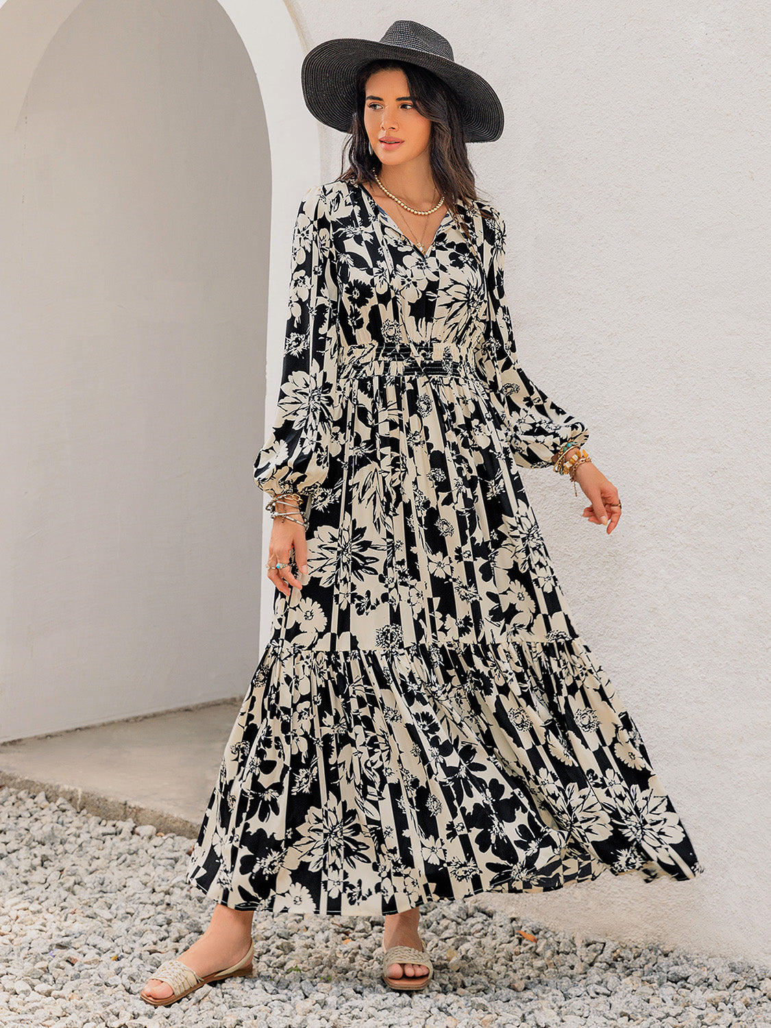 Smocked Printed Tie Neck Long Sleeve Dress - Carri's Cache