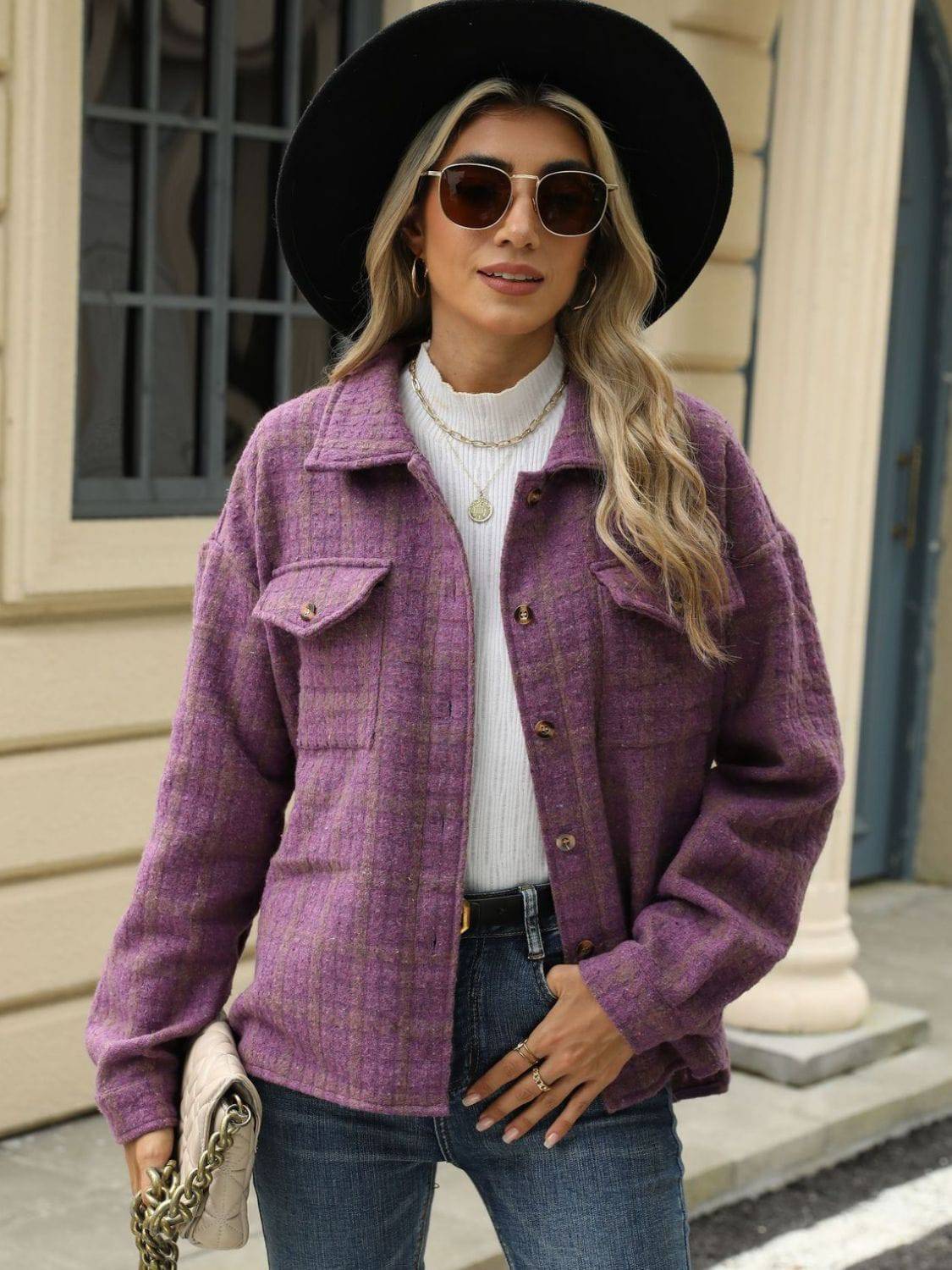 Plaid Collared Neck Long Sleeve Jacket - Carri's Cache
