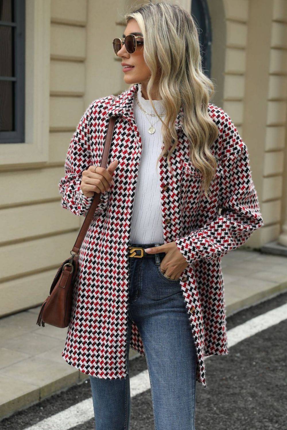Houndstooth Button Up Dropped Shoulder Coat - Carri's Cache