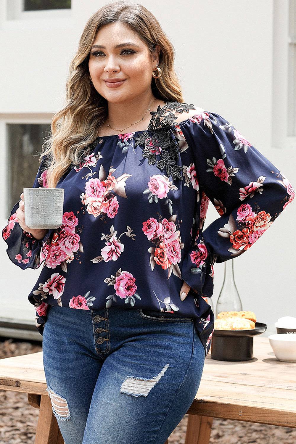Plus Size Floral Flounce Sleeve Blouse - Carri's Cache