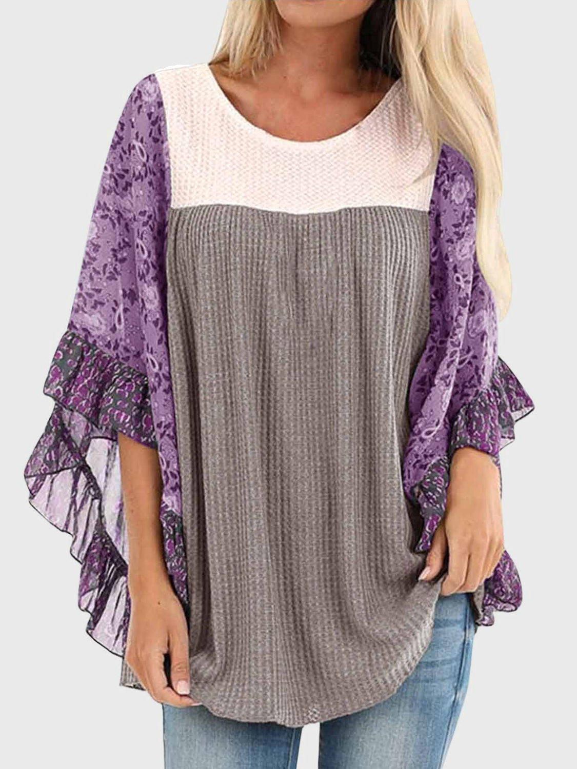 Full Size Printed Round Neck Three-Quarter Sleeve Blouse - Carri's Cache