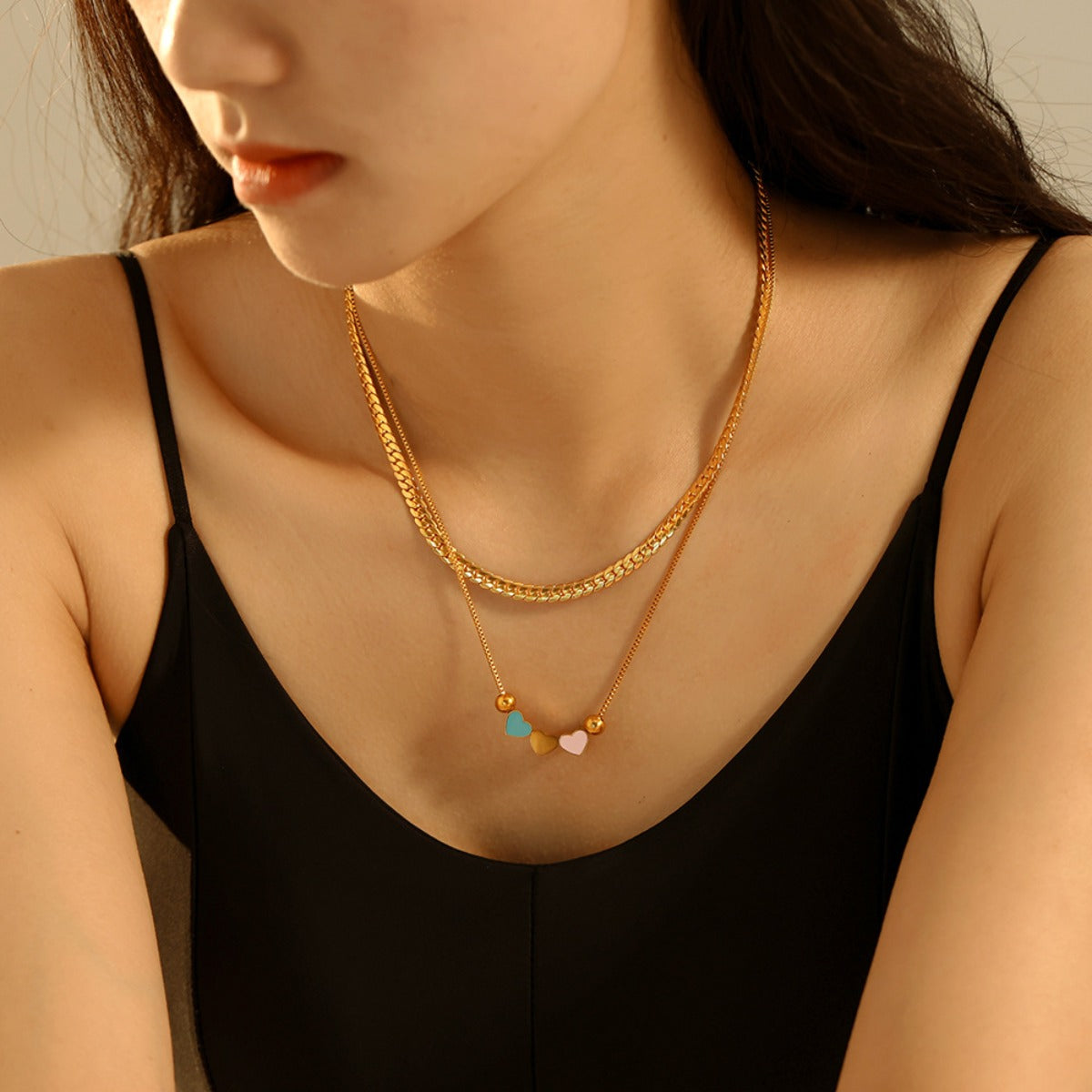 18K Gold-Plated Double Layered Heart Necklace - Carri's Cache