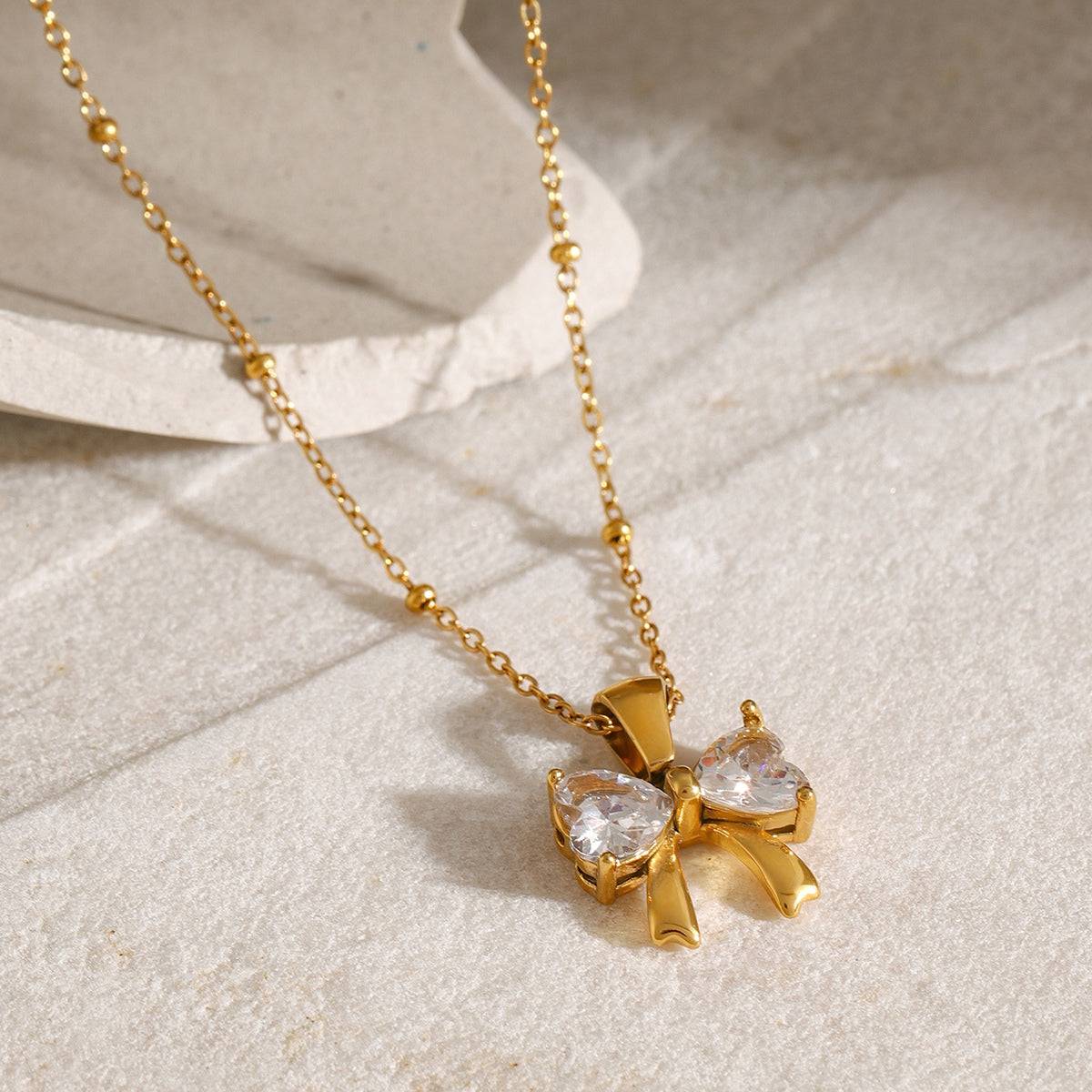 Stainless Steel Inlaid Zircon Bow Necklace - Carri's Cache