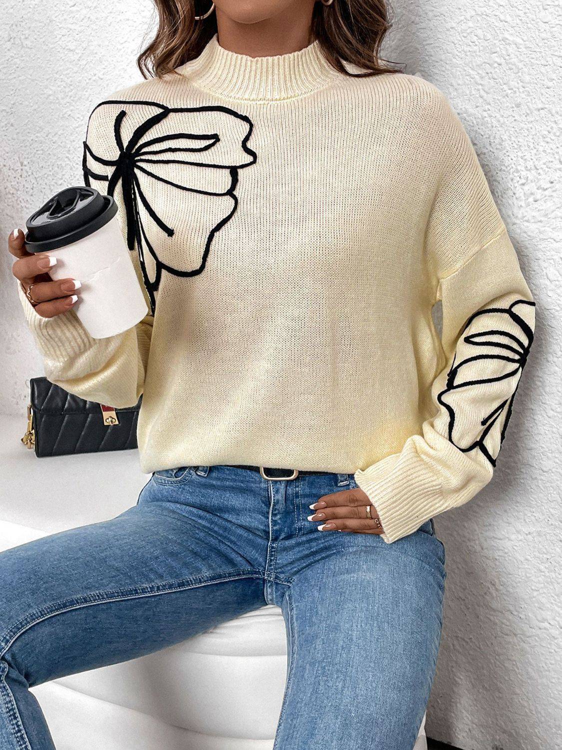 Perfee Mock Neck Dropped Shoulder Long Sleeve Sweater - Carri's Cache