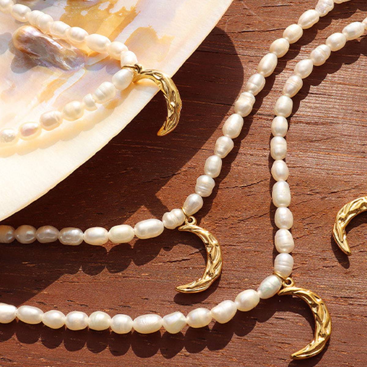 Pearl Titanium Steel Moon Shape Pendant Necklace - Carri's Cache
