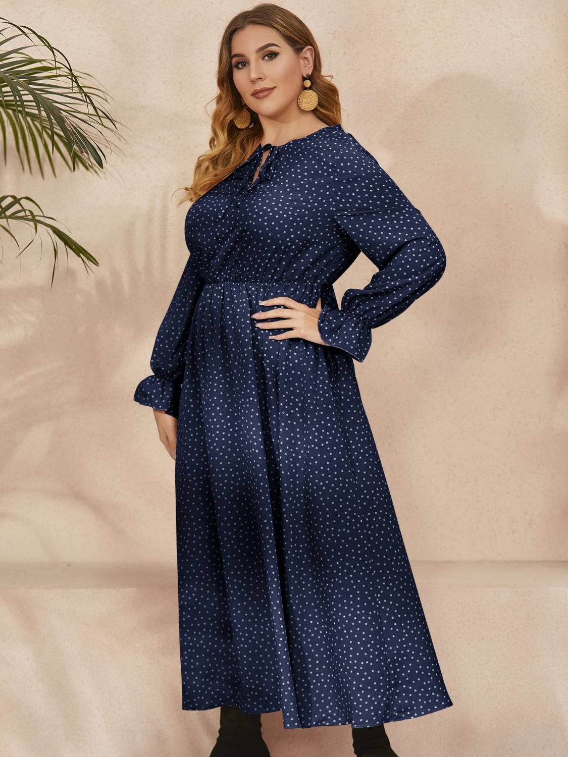Honey Plus Size Ruffled Polka Dot Long Sleeve Midi Dress - Carri's Cache