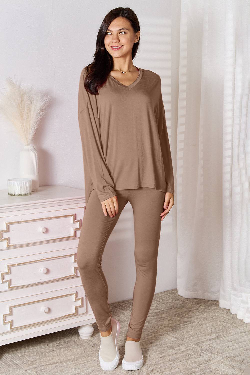 Basic Bae Full Size V-Neck Soft Rayon Long Sleeve Top and Pants Lounge Set - Carri's Cache