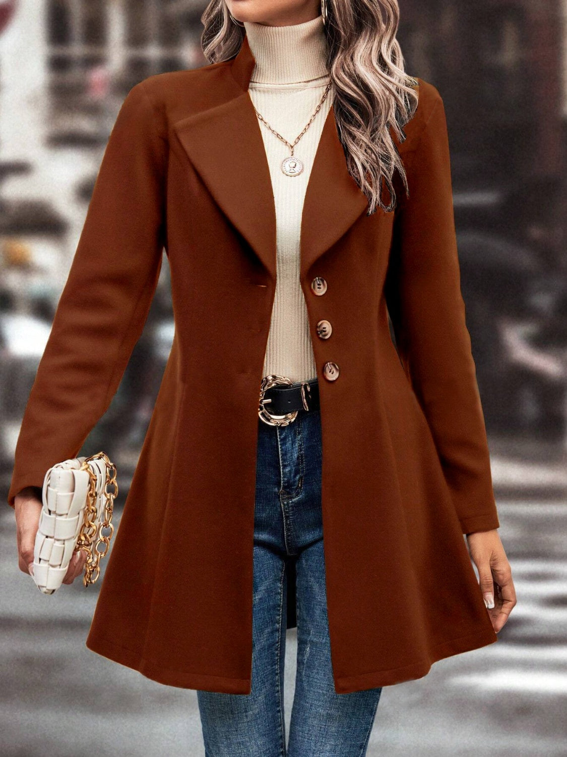 Collared Neck Long Sleeve Longline Coat - Carri's Cache