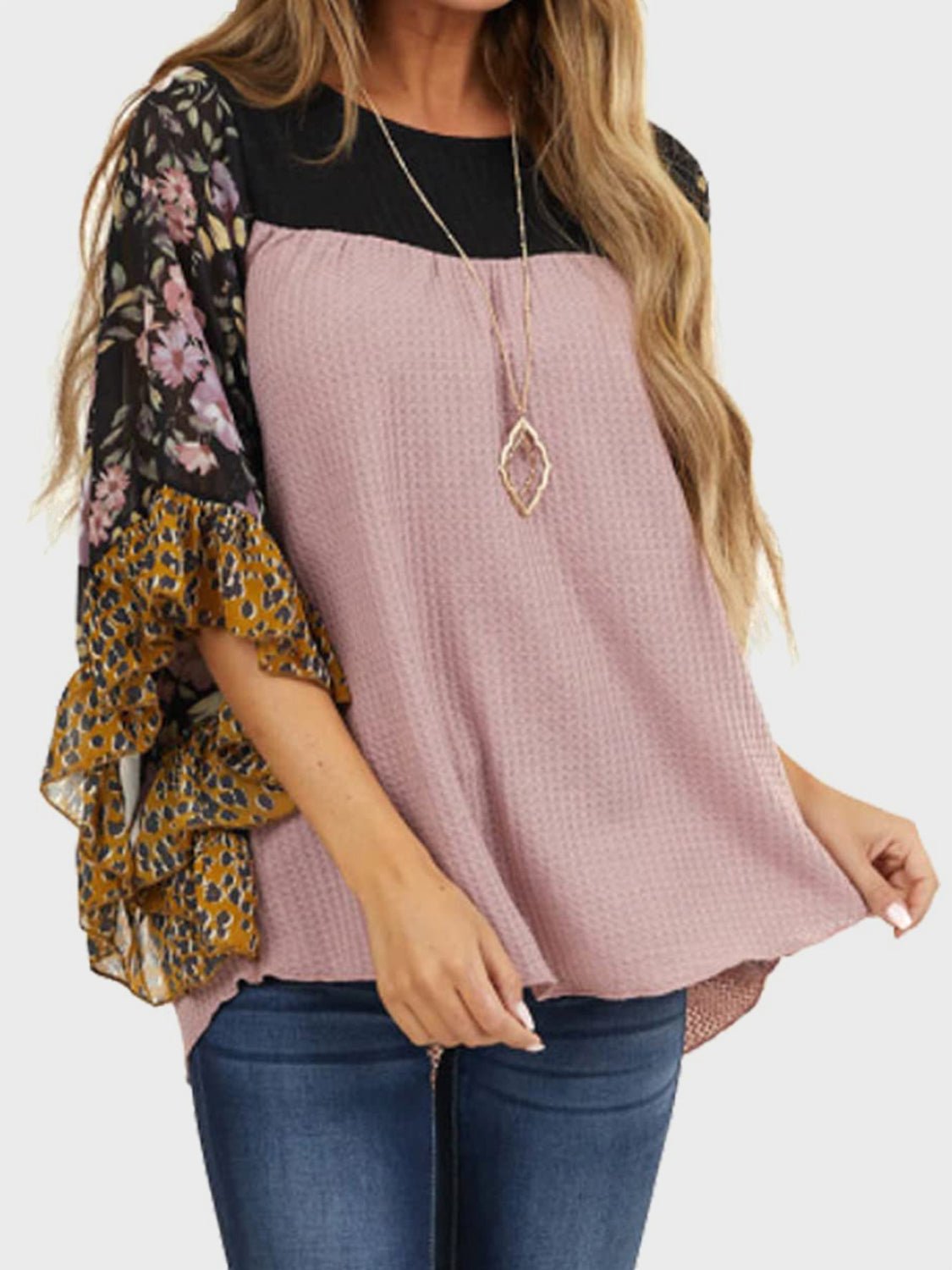 Full Size Printed Round Neck Three-Quarter Sleeve Blouse - Carri's Cache