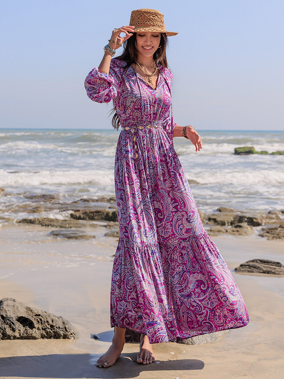 Printed Tie Neck Balloon Sleeve Maxi Dress - Carri's Cache