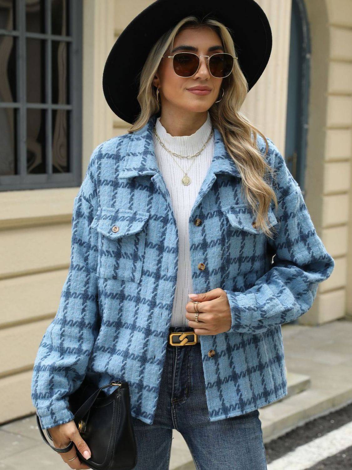 Plaid Collared Neck Long Sleeve Jacket - Carri's Cache