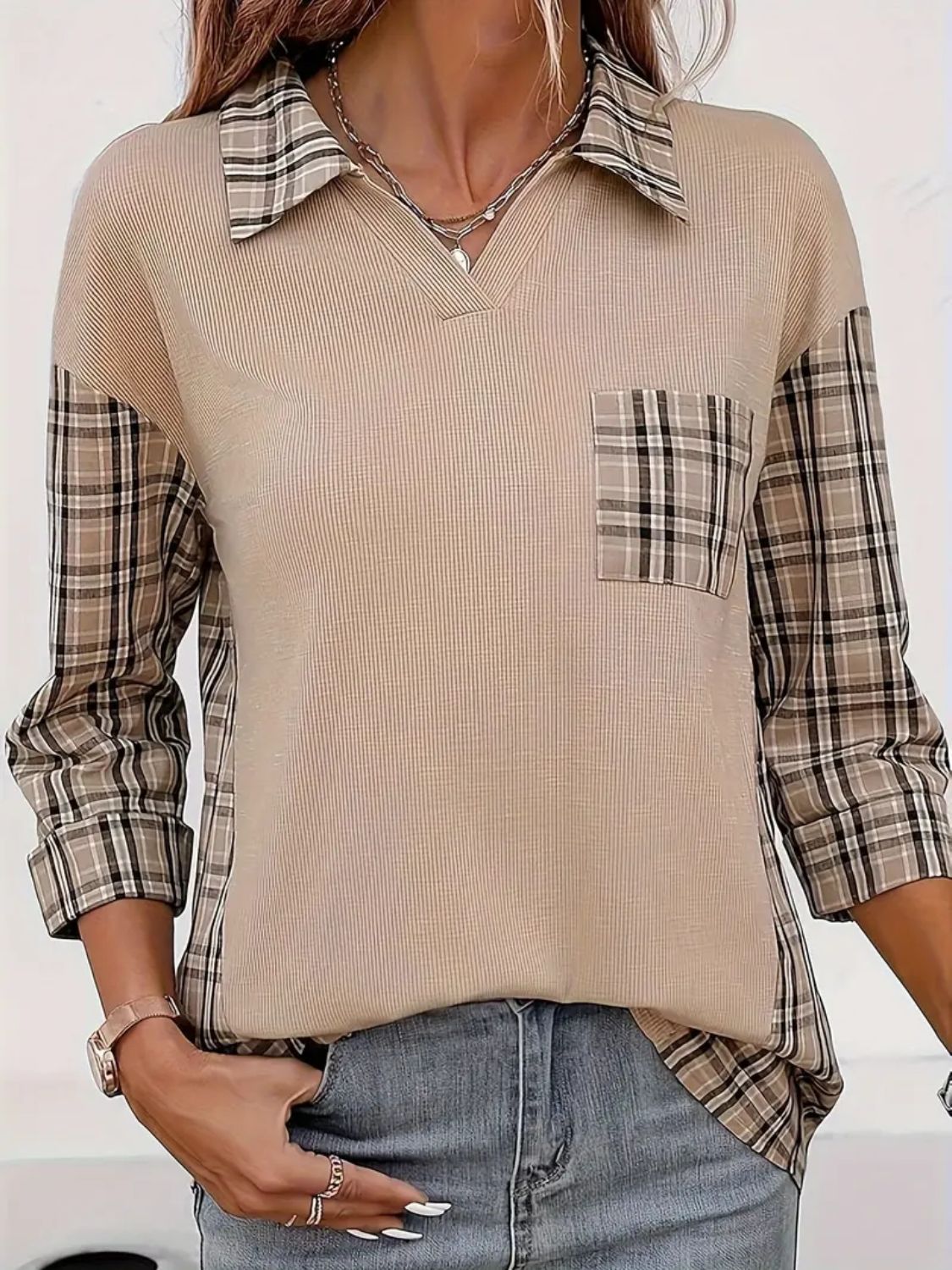 Plaid Johhny Collar Three-Quarter Sleeve T-Shirt - Carri's Cache