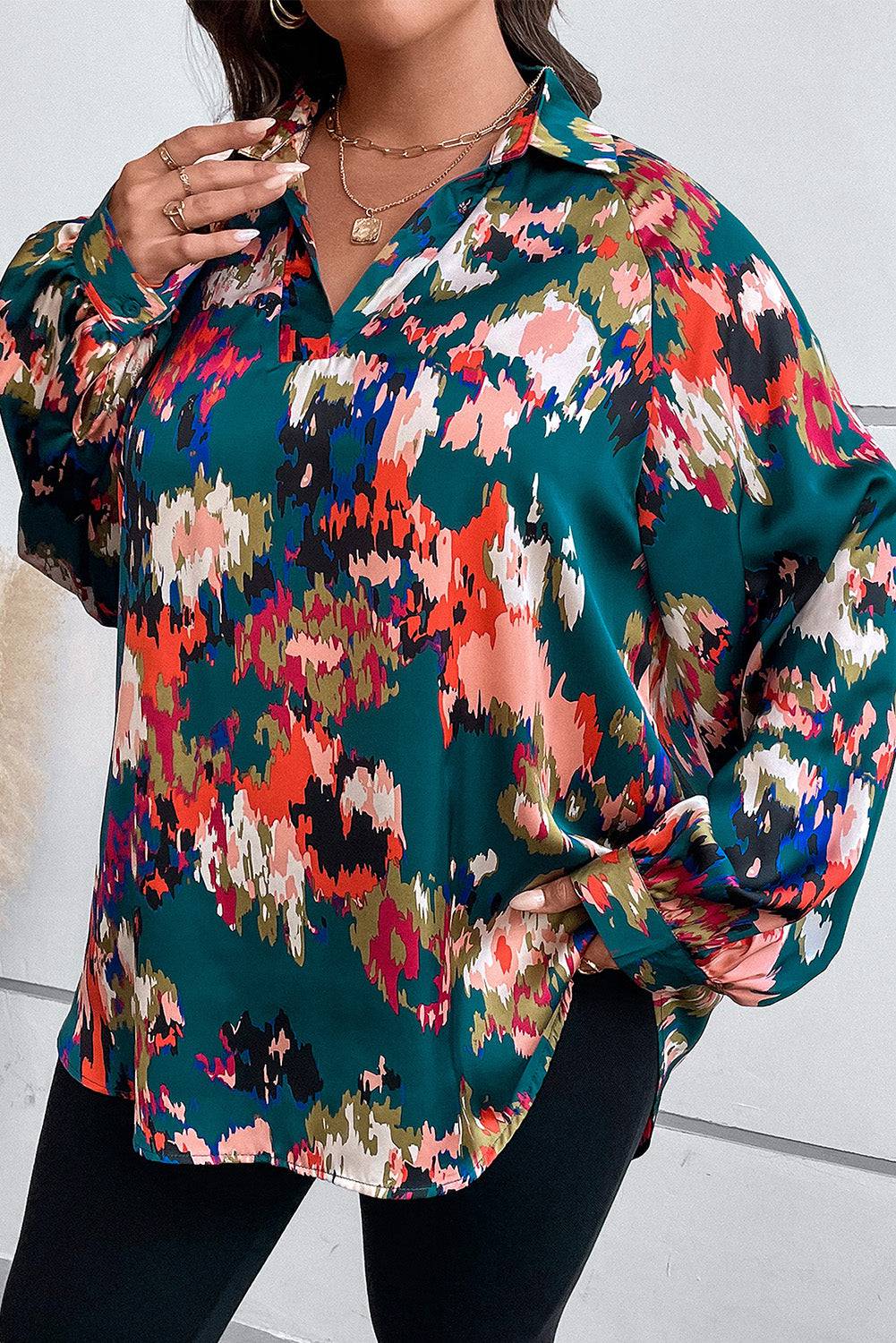 Plus Size Printed Johnny Collar Long Sleeve Blouse - Carri's Cache