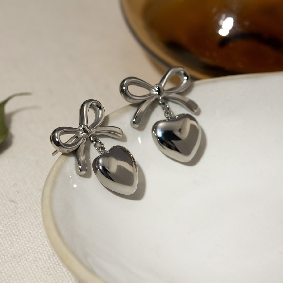 Stainless Steel Bow & Heart Drop Earrings - Carri's Cache