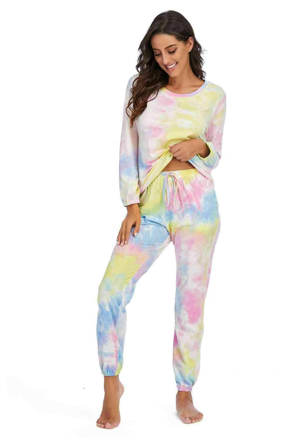 Tie-Dye Top and Drawstring Pants Lounge Set - Carri's Cache