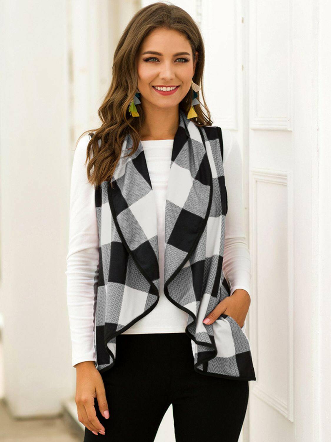 Plaid Open Front Sleeveless Cardigan - Carri's Cache