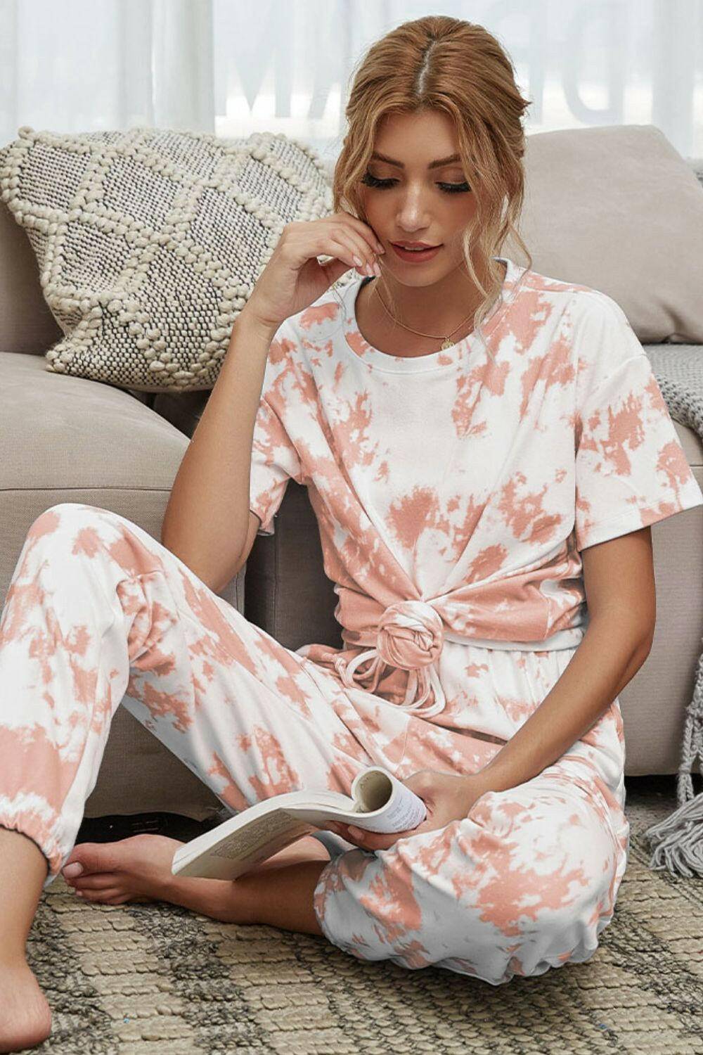 Tie-Dye Tee and Drawstring Waist Joggers Lounge Set.