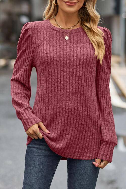Ribbed Round Neck Long Sleeve Knit Top - Carri's Cache