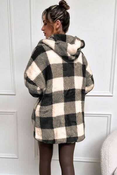 Double Take Full Size Plaid Long Sleeve Hooded Coat - Carri's Cache