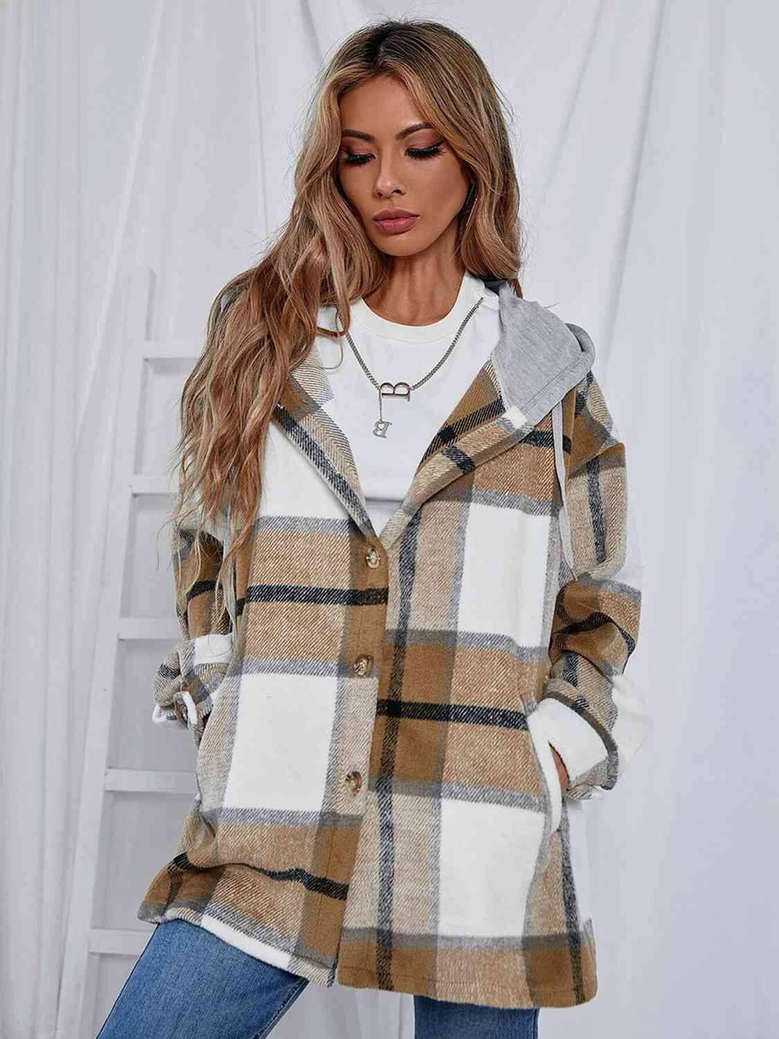 Plaid Hooded Jacket with Pockets - Carri's Cache