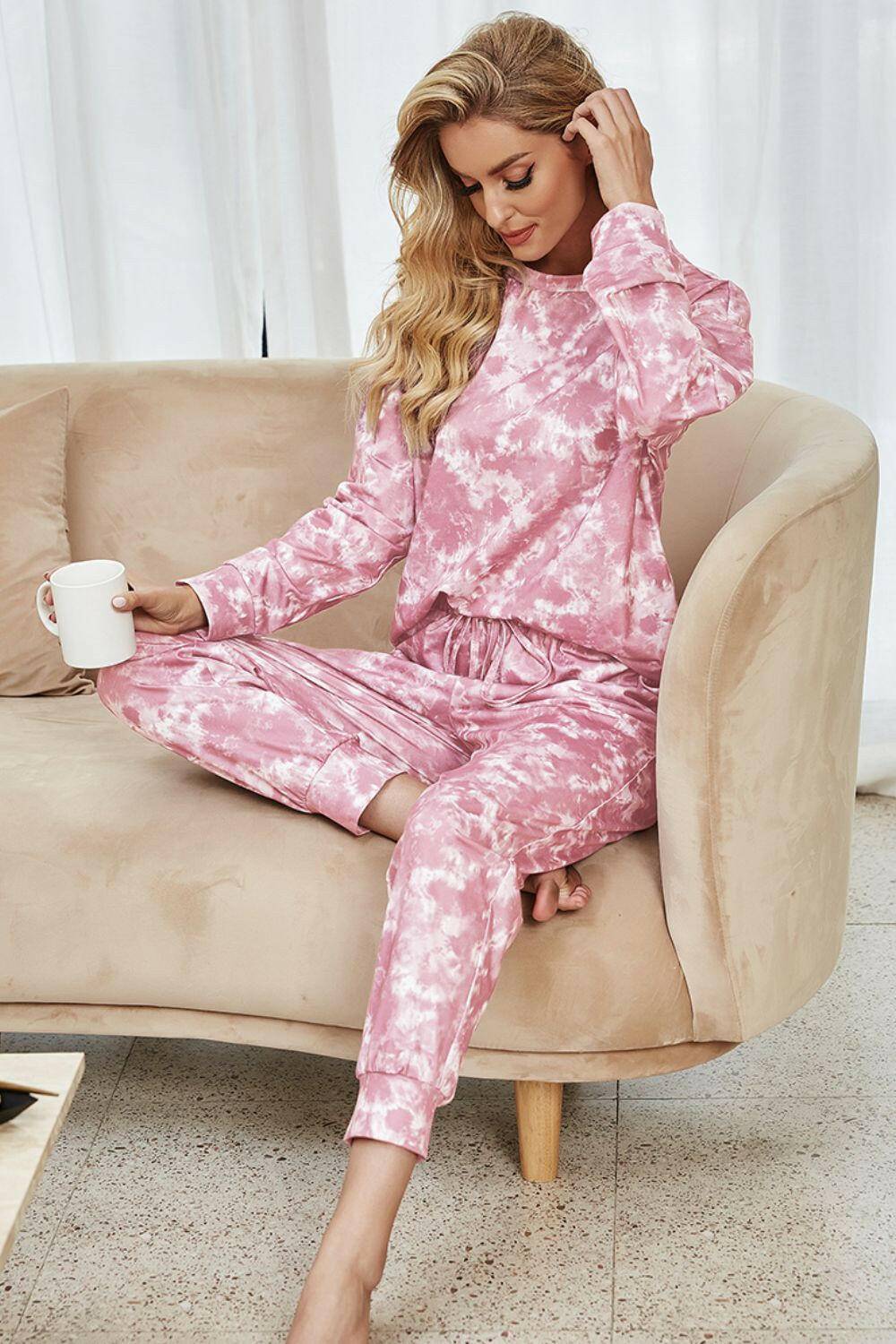Tie-Dye Long Sleeve Top and Drawstring Joggers Lounge Set.
