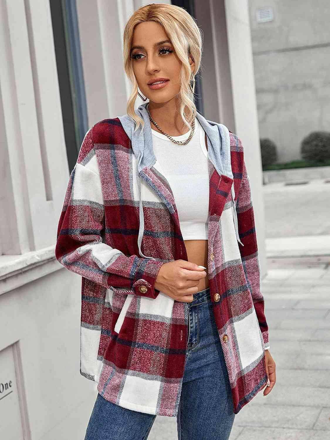 Plaid Hooded Jacket with Pockets - Carri's Cache