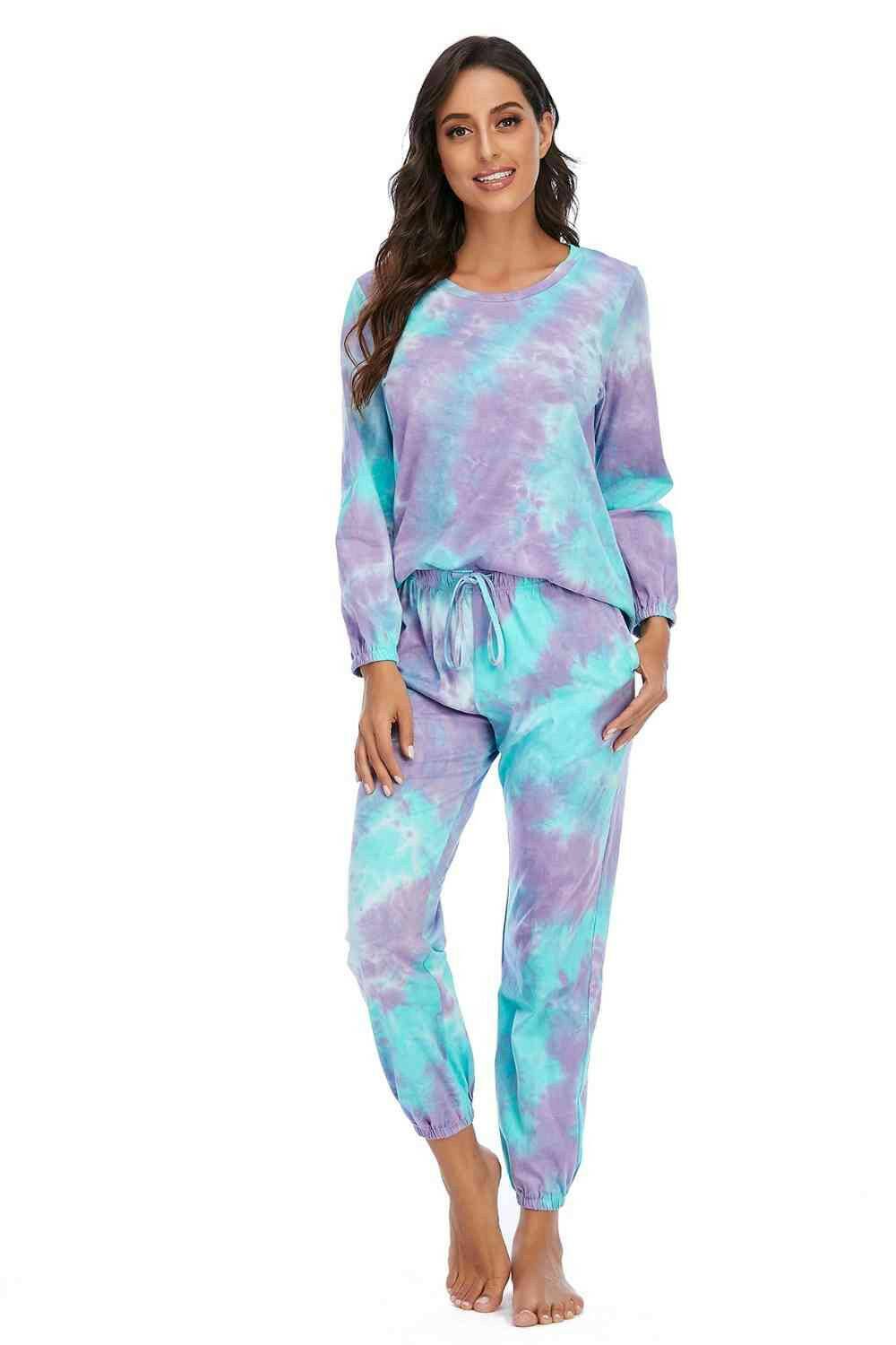 Tie-Dye Top and Drawstring Pants Lounge Set - Carri's Cache