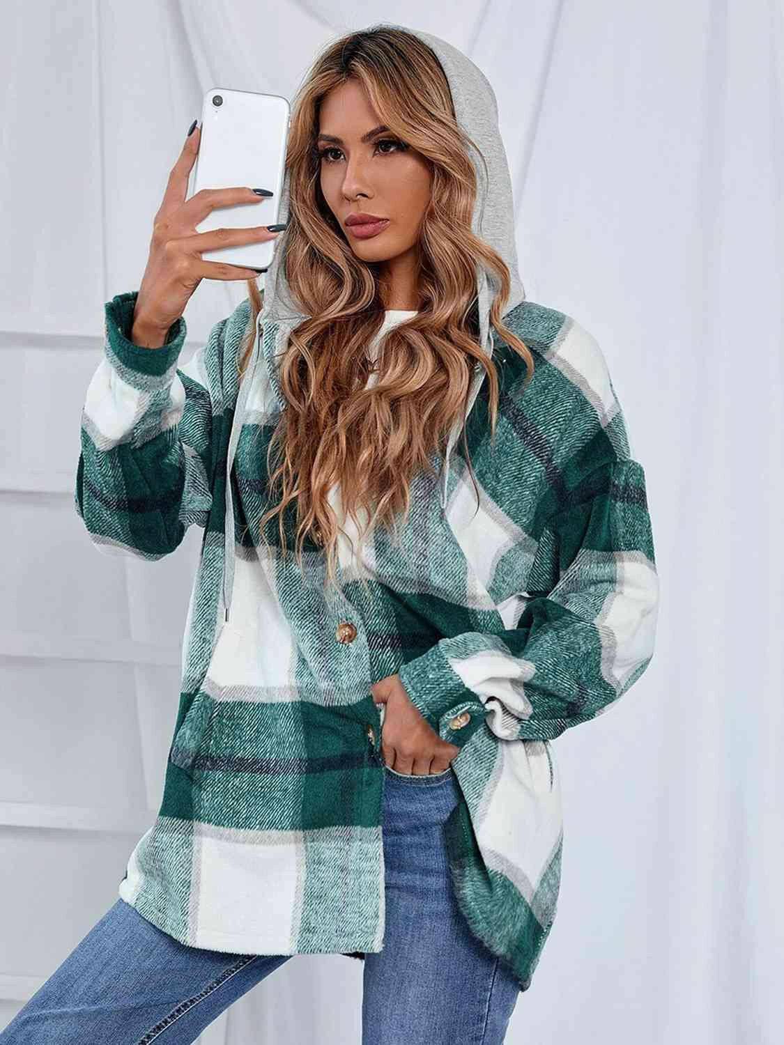 Plaid Hooded Jacket with Pockets - Carri's Cache