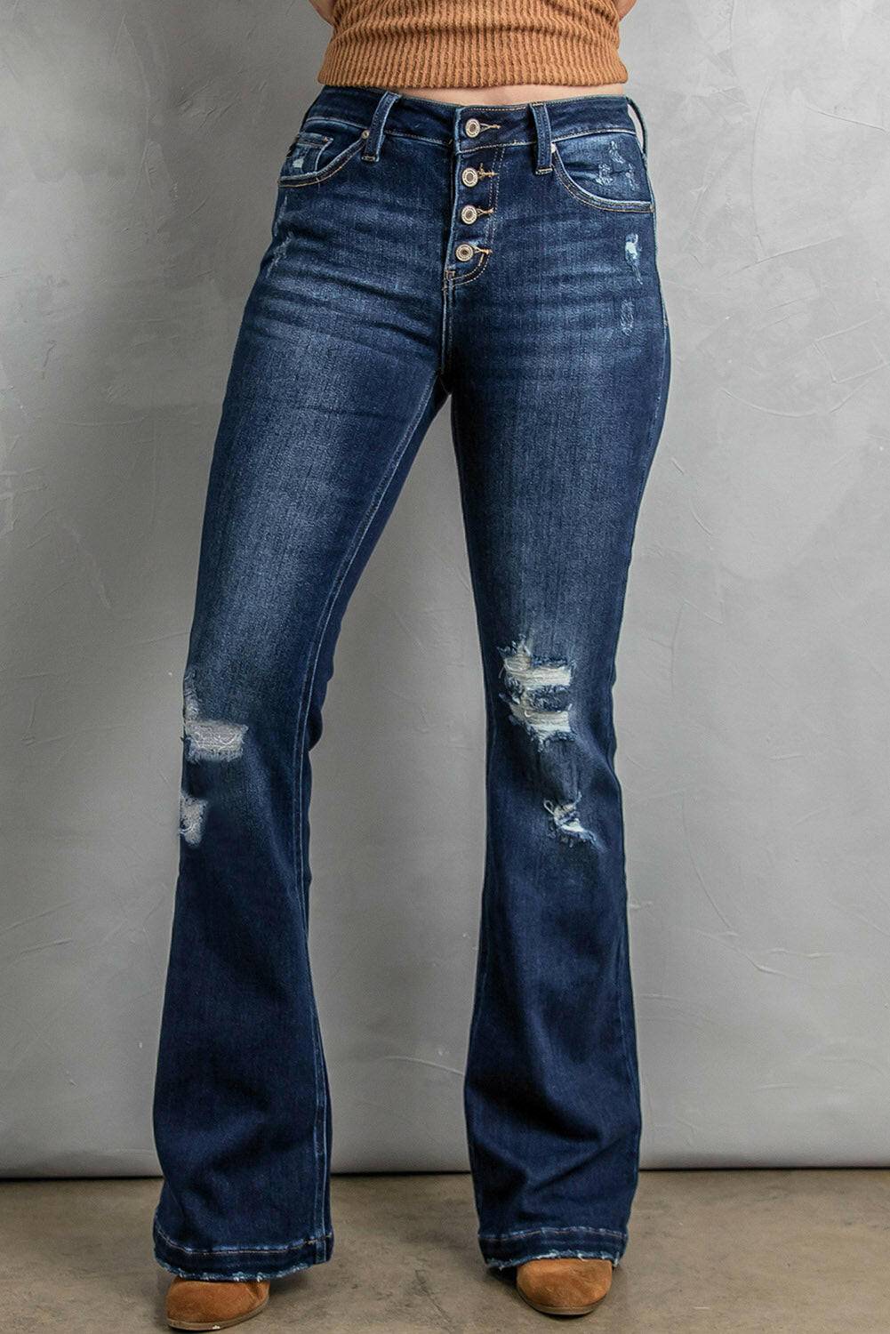 Button Fly Distressed Bootcut Jeans - Carri's Cache