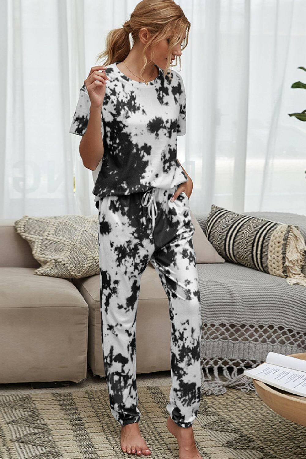 Tie-Dye Tee and Drawstring Waist Joggers Lounge Set.