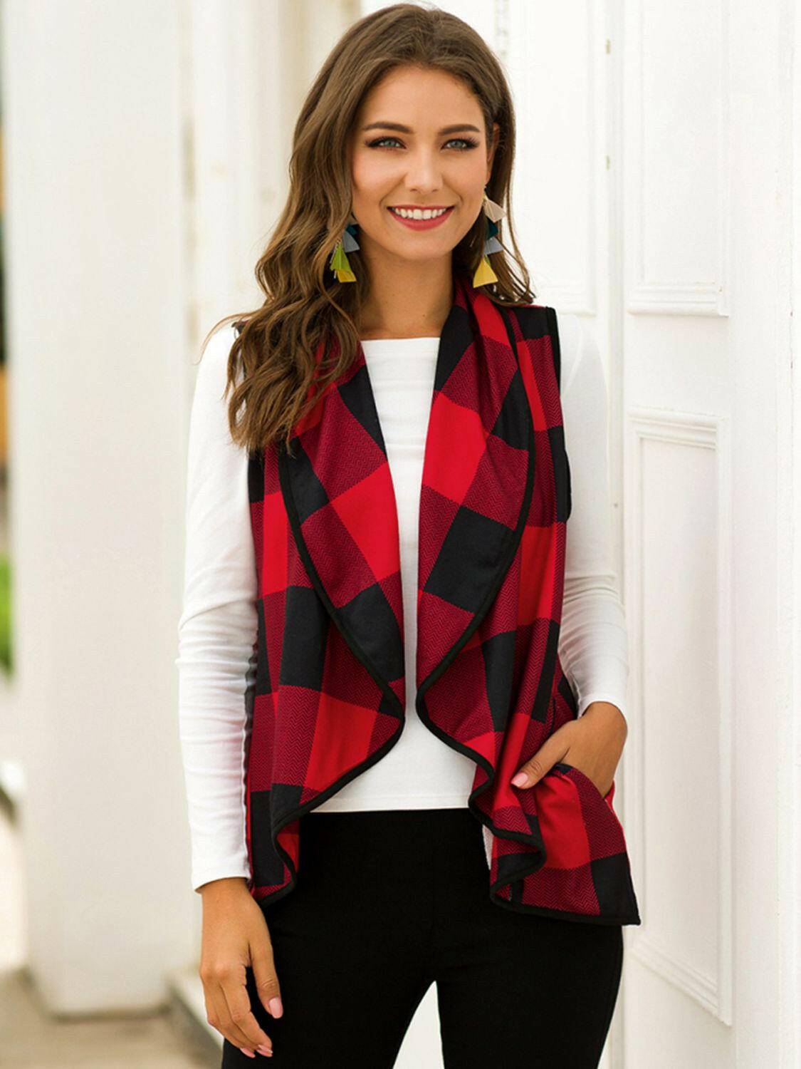 Plaid Open Front Sleeveless Cardigan - Carri's Cache