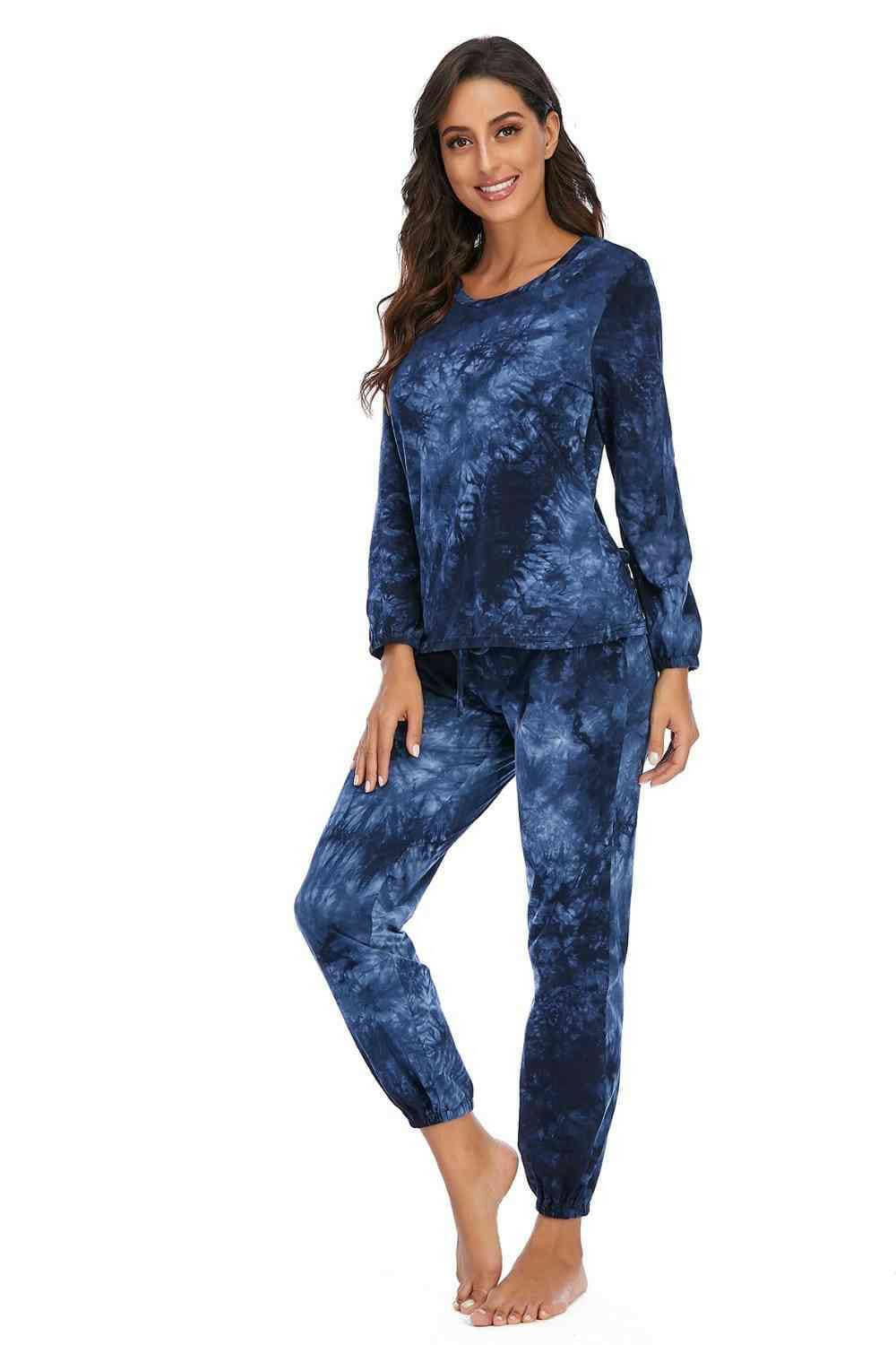 Tie-Dye Top and Drawstring Pants Lounge Set - Carri's Cache