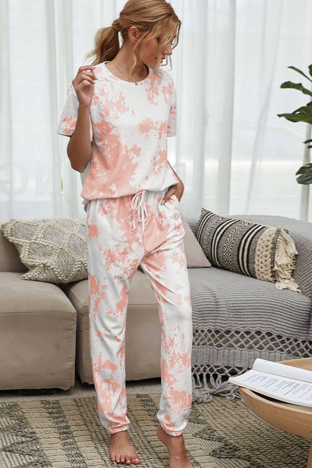 Tie-Dye Tee and Drawstring Waist Joggers Lounge Set.
