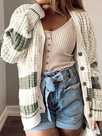 Plus Size Striped Button Up Dropped Shoulder Cardigan - Carri's Cache