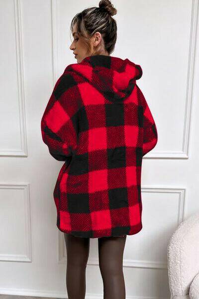 Double Take Full Size Plaid Long Sleeve Hooded Coat - Carri's Cache